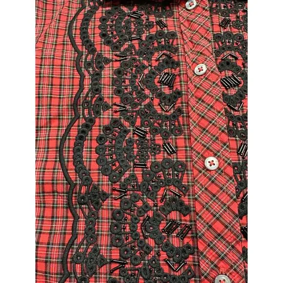 J Crew Shirt Womens 12P Embroidered Beaded Plaid Red Classic Holiday 100% Cotton - Picture 4 of 9